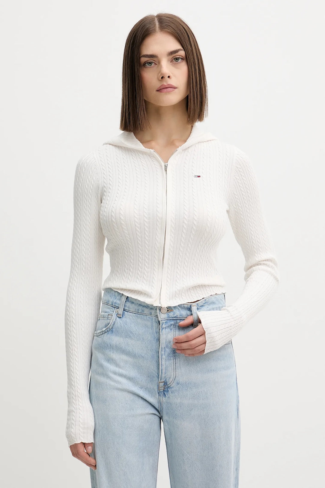 Cardigan Tommy Jeans full zip con cappuccio bianco