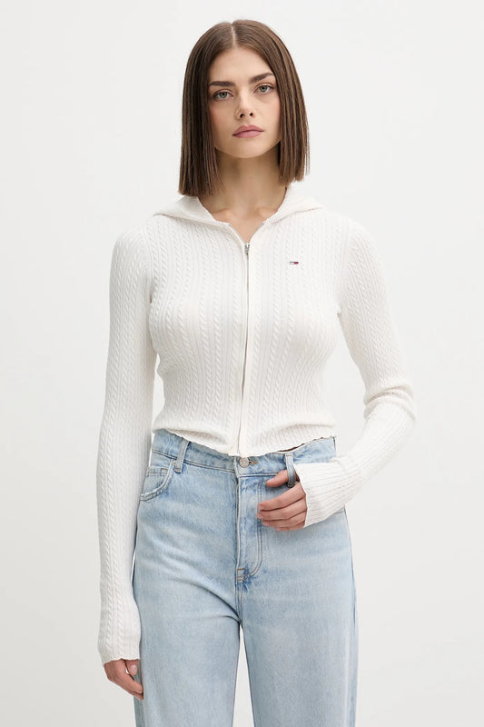 Cardigan Tommy Jeans full zip con cappuccio bianco