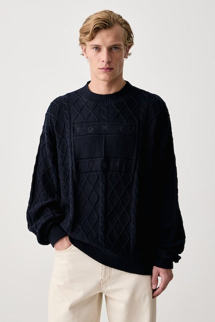 Maglioncino Tommy trecce scritta blu