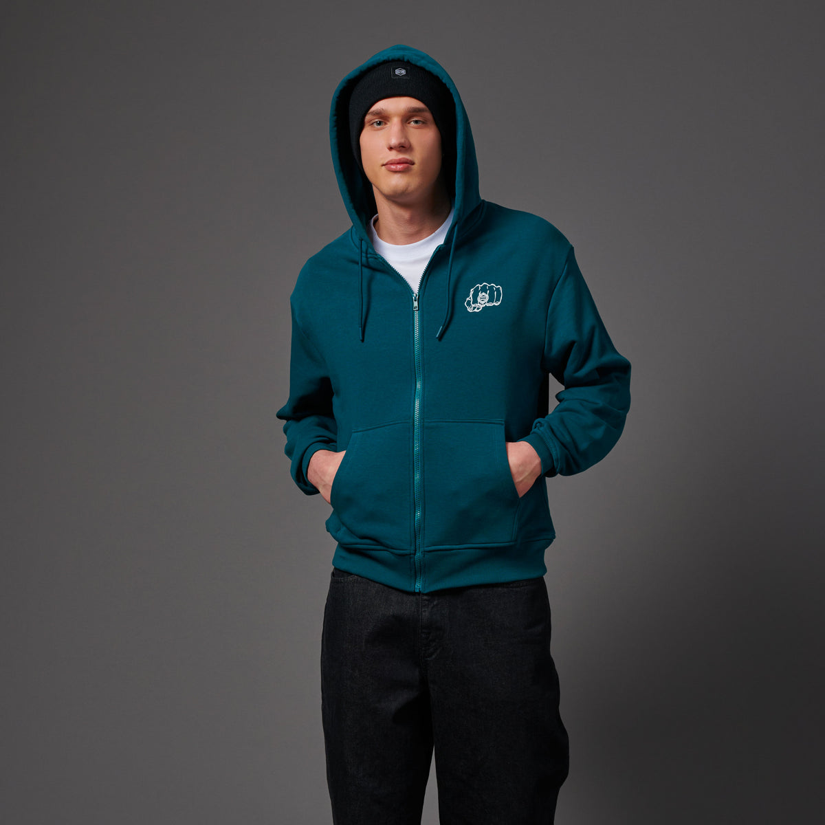 Felpa Ring full zip con cappuccio petrolio