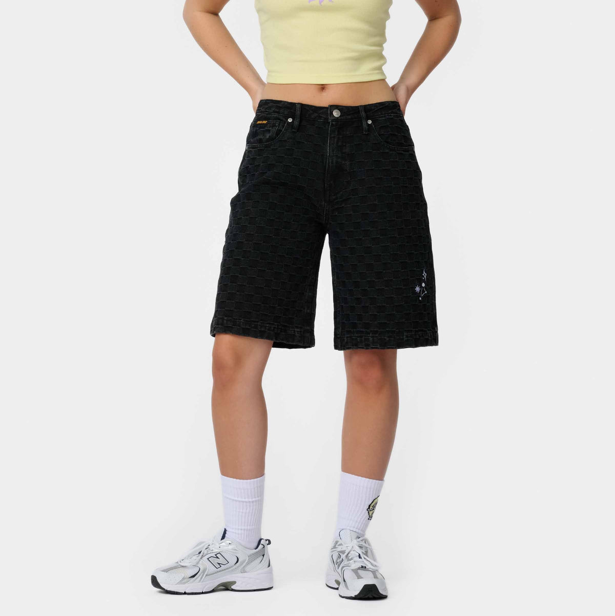 Pantaloncini Split sun a quadri in denim nero