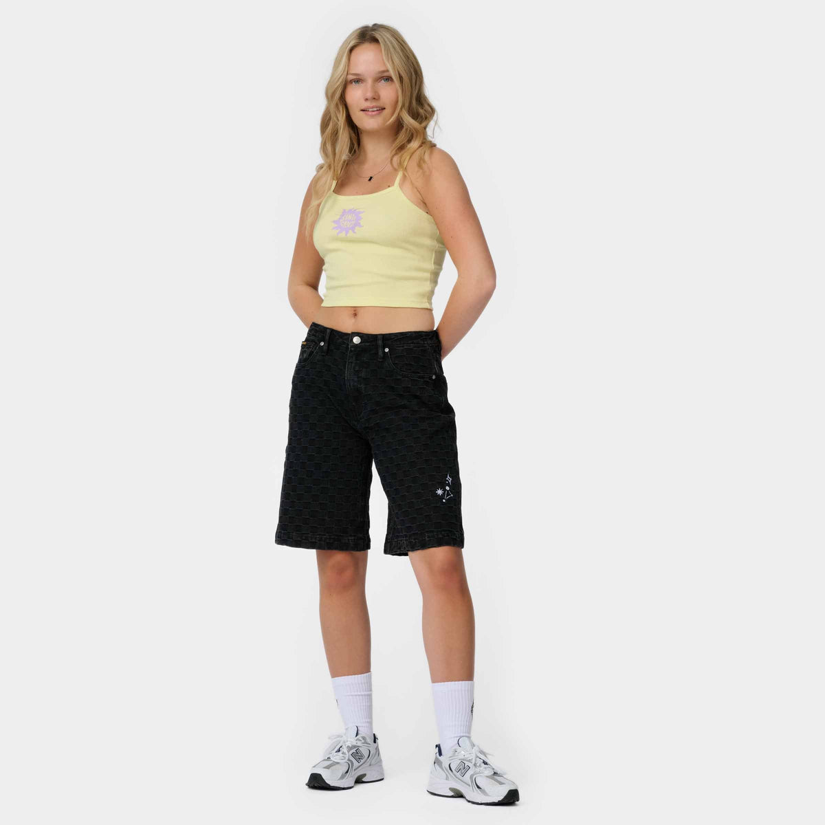 Pantaloncini Split sun a quadri in denim nero